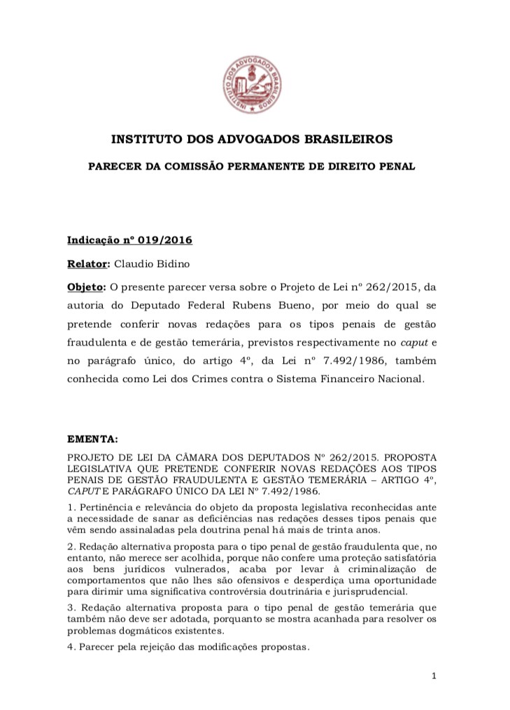 Crimes de Gestão Fraudulenta e Gestão Temerária: Parecer sobre o Projeto de Lei nº 262/2015